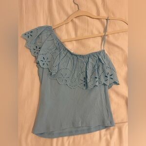 Zara Eyelet One Shoulder Ruffle Top